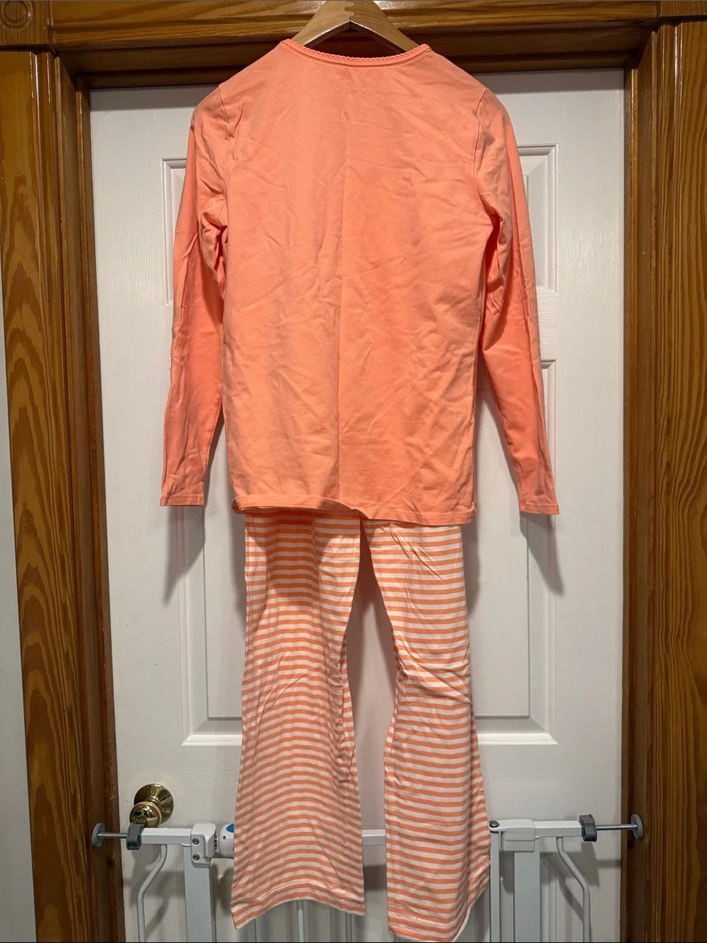 Lands' End Coral Long-Sleeve Pajama Top with Coral & White Striped Pants